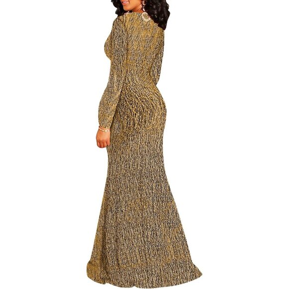 Women's Sequin Maxi Dress Long Sleeve V Neck High Slit Formal Gown - Picture 3 of 7